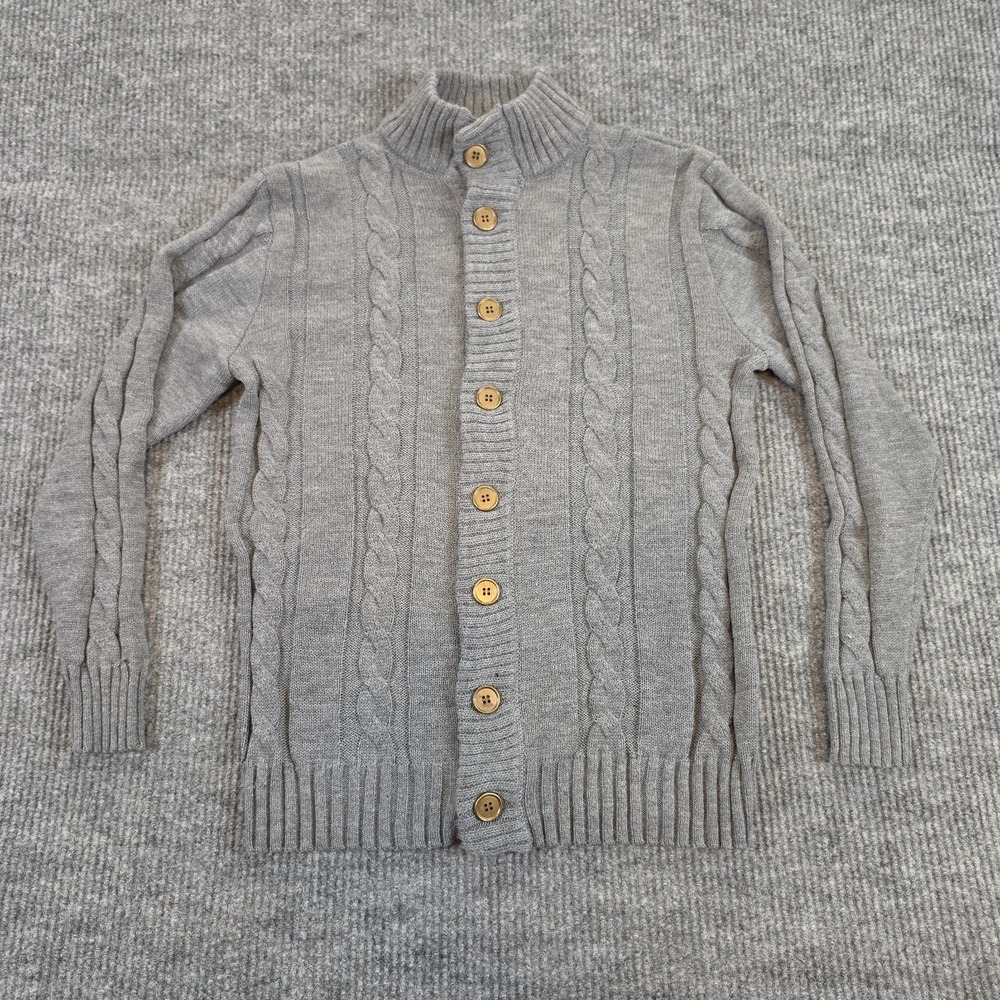 PJ Paul Jones Mens Cable Knit Cardigan Sweater Gray Mock Stand Neck Button Up L